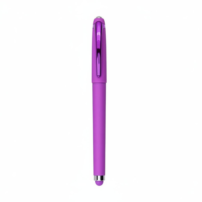 A purple fidget gel pen with a shiny clip, featuring a smooth, sleek design.