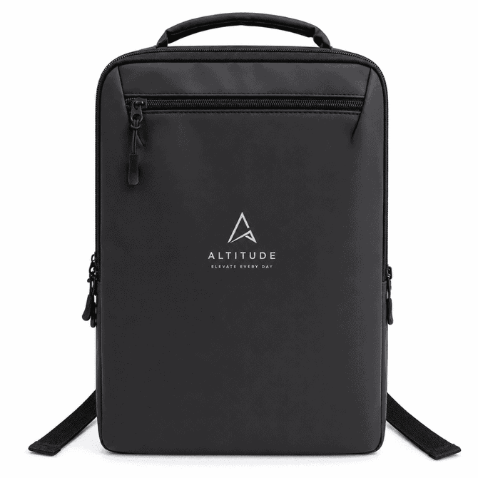 A black backpack with a minimalist design, featuring a logo and multiple zippers for storage.