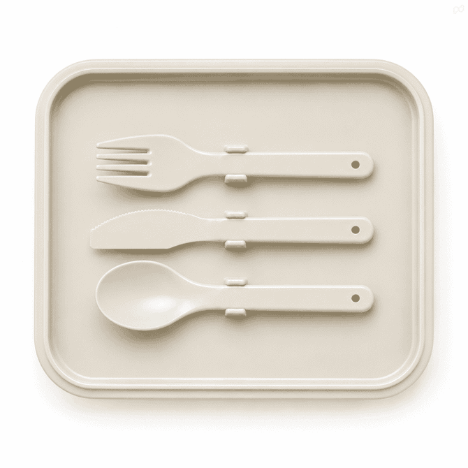 A beige tray featuring a fork, knife, and spoon, all with a sleek, modern design. The tray has a subtle logo.