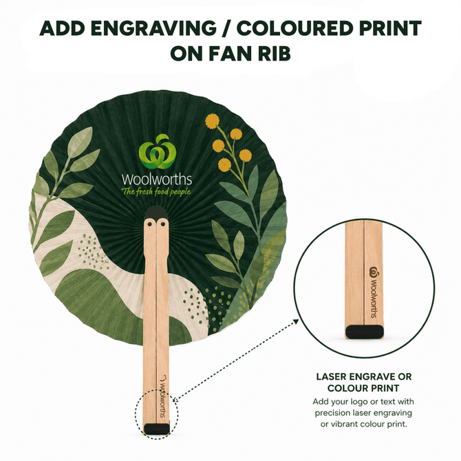 A circular wooden paper fan with a green floral design and a natural wood handle, featuring a brand logo.