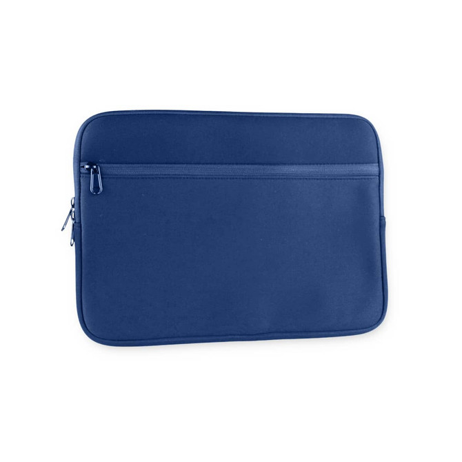 A blue neoprene laptop sleeve with a zippered pocket on the front and a smooth, padded exterior.