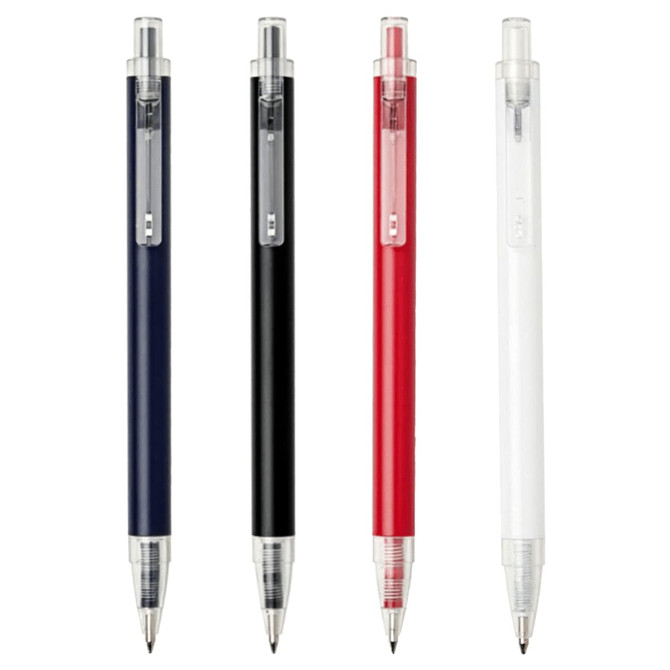 A set of four ballpoint pens in navy, black, red, and white, featuring clear barrels and branding.