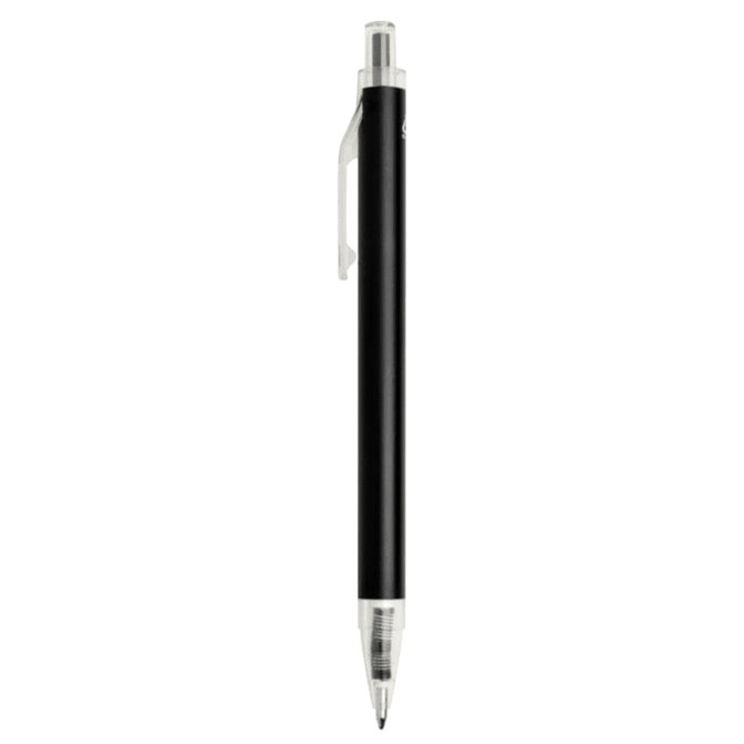 A black recycled aluminium ballpoint pen with a silver clip and tip. It features a logo on the barrel.