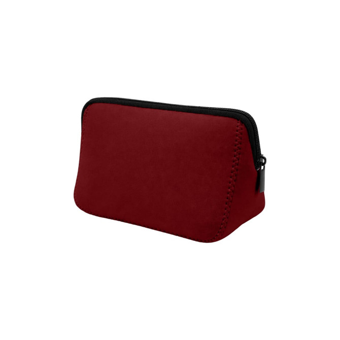 A red neoprene cosmetic bag with a black zipper, featuring a simple, sleek design.