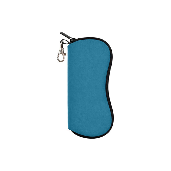 A teal neoprene glasses pouch with a zipper and a clip for easy attachment.