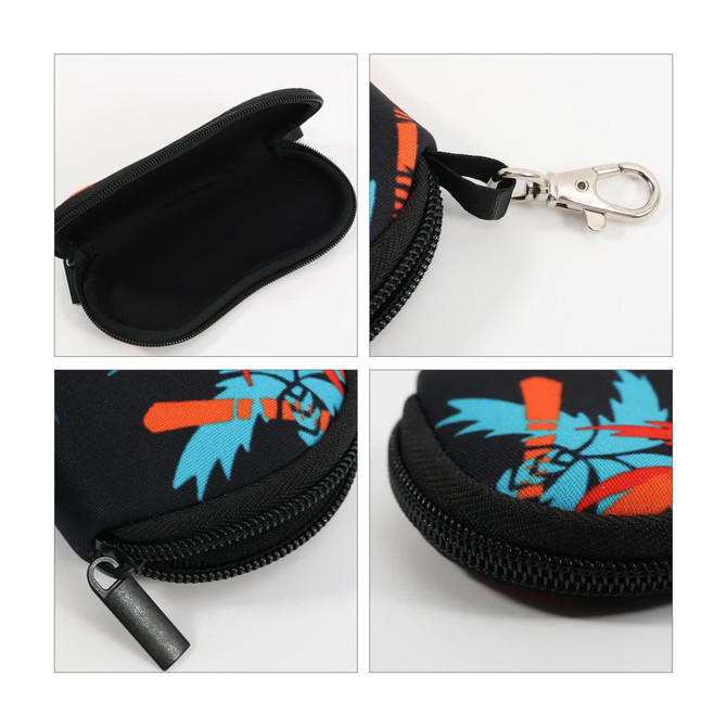 A black neoprene glasses pouch featuring a colourful palm tree design, with a zip closure and a clip attachment.