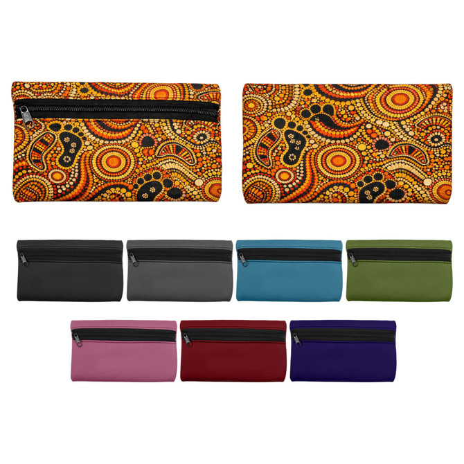 Small neoprene pencil pouches in various colours, featuring a patterned design and a zip closure.