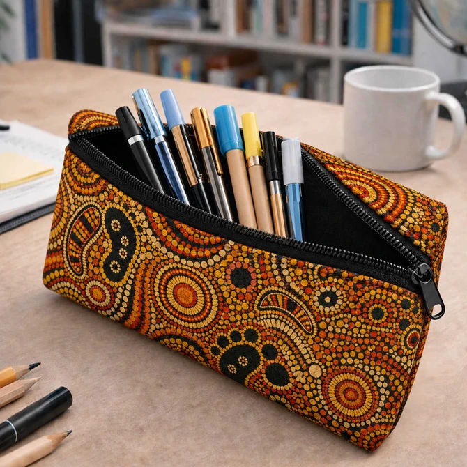 A small neoprene pencil pouch in vibrant orange and black, filled with various pens and markers, sits on a desk.