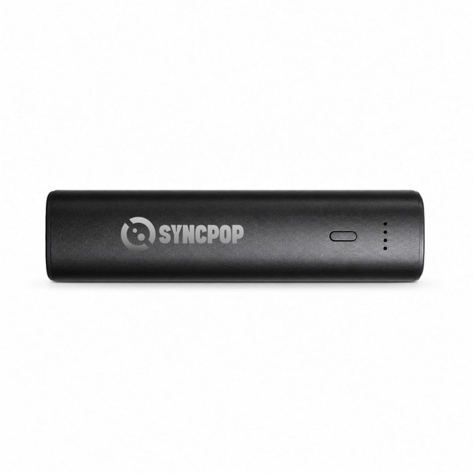 A black rechargeable battery pack with a logo and four indicator lights.