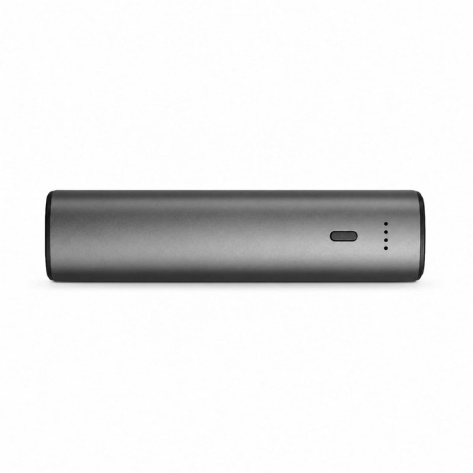 A sleek, rectangular grey power bank featuring a status indicator and a logo.