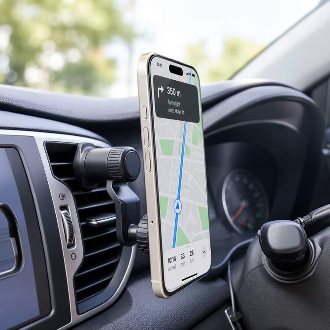A car phone holder in black mounted on a dashboard air vent, displaying a smartphone with navigation.