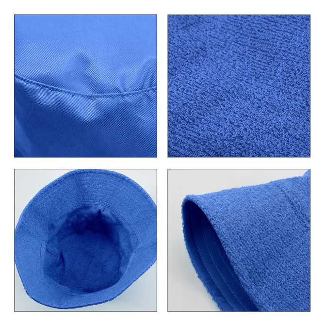 A blue dual-material reversible bucket hat with textured and smooth fabric sections, featuring a logo.
