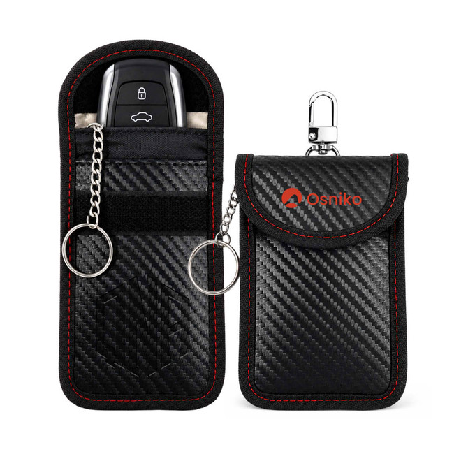 A black carbon fibre Faraday key pouch with red stitching, featuring a keychain and a clasp attachment.