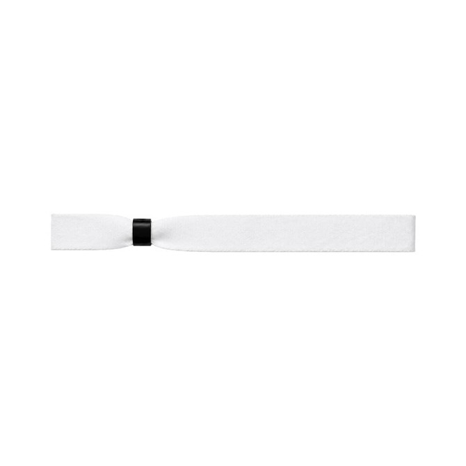 A white wristband with a black clasp, designed for events. It features a simple, flat design.