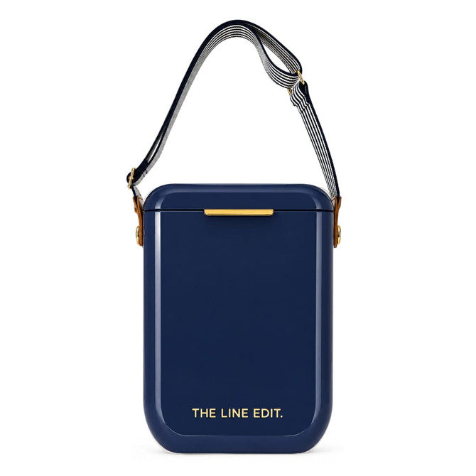 A navy cooler bag with a shoulder strap and a logo on the front. It has a sleek, rectangular design.