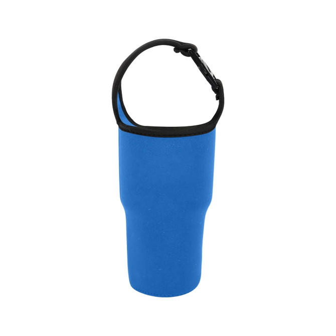 A blue tumbler carrier holder pouch with a black rim and adjustable strap. Features a logo.