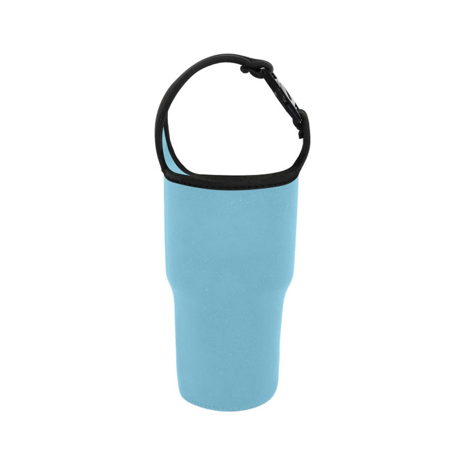 A drink bottle holder pouch in light blue with a black trim and adjustable strap. It features a logo.