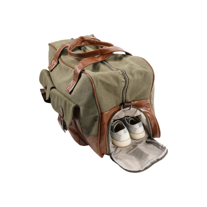 A vintage canvas duffle bag in green and brown with a separate compartment for shoes. Features leather accents and handles.