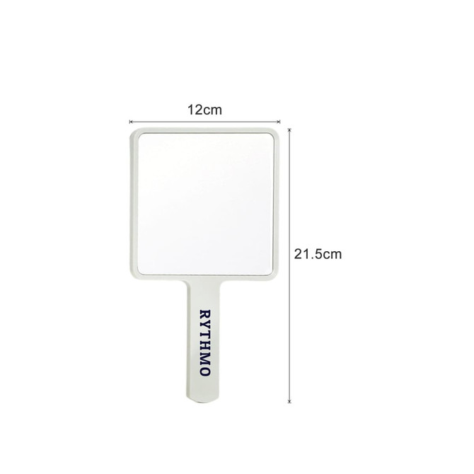 A handheld square mirror with a white frame, measuring 12cm by 21.5cm, featuring a logo on the handle.