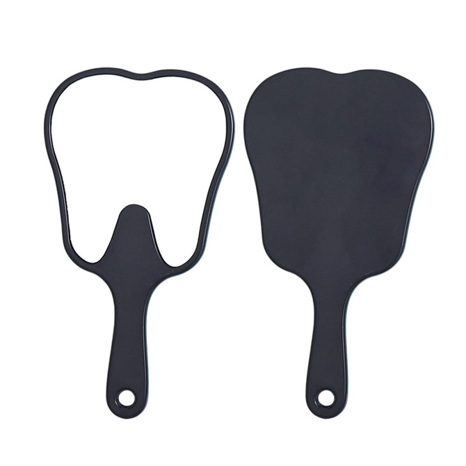 A tooth-shaped face mirror in black, featuring a handle and an outline design, with a smooth reflective surface.