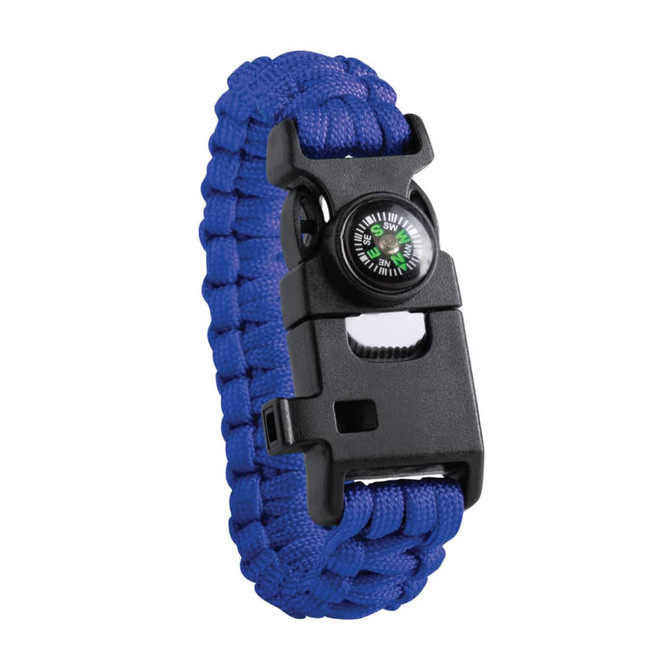 A blue survival bracelet featuring a black clasp and built-in compass. The design showcases a paracord weave.
