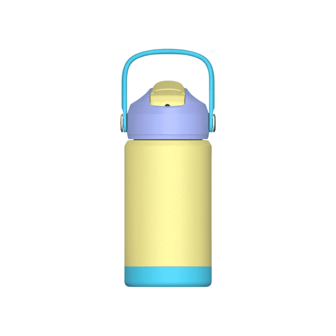 A drink bottle featuring a yellow body with a light blue base and a purple lid, complete with a carry handle.