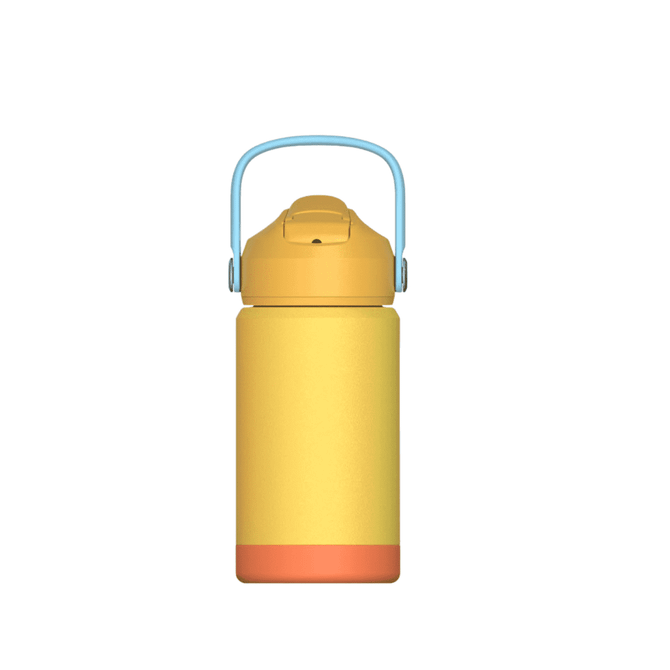 A drink bottle in yellow and orange with a blue handle, featuring a logo. Ideal for kids and made of stainless steel.