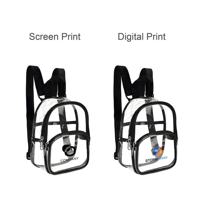A clear mini backpack with black straps, featuring two printed designs and a zippered front pocket.