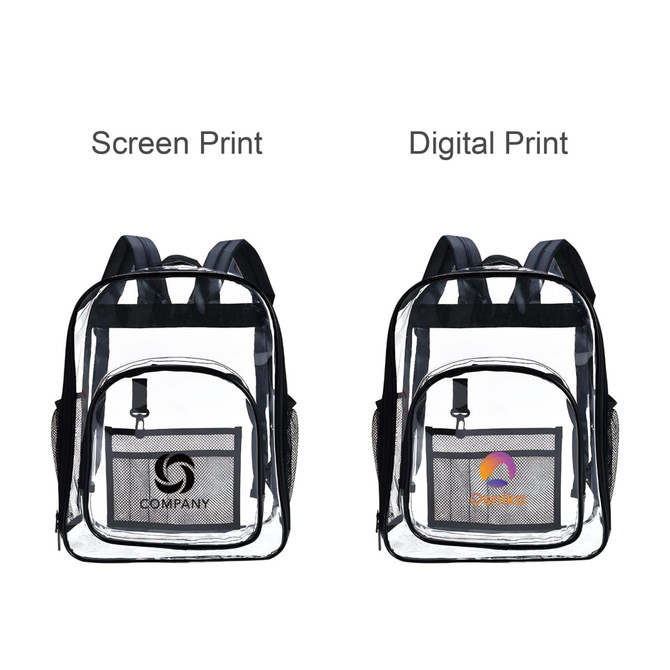 A transparent backpack with black straps and two front pockets, featuring different print designs.