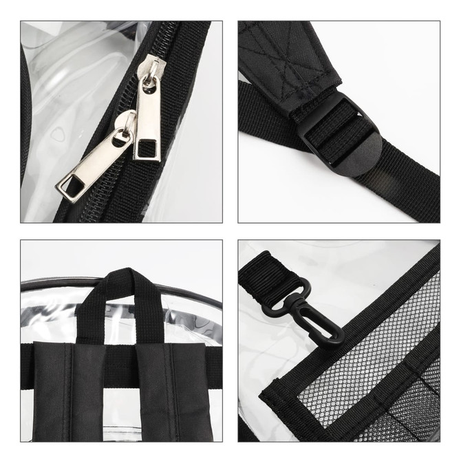Details of a heavy-duty transparent backpack, featuring zippers, straps, and mesh pockets in black and clear materials.