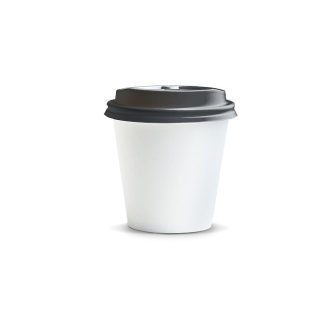 A white paper coffee cup with a black lid, sized at 180ml, featuring a logo.