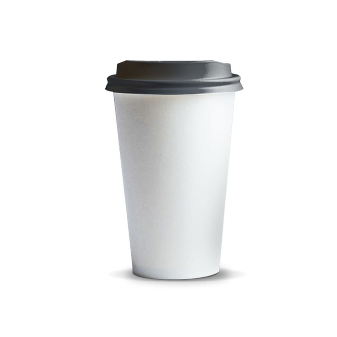 A paper coffee cup, 350ml, in white with a grey lid. Features a logo on the surface.