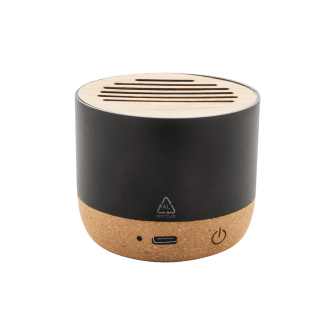 A wireless speaker with a natural wood top and a black and cork base, featuring a power button and USB-C port.
