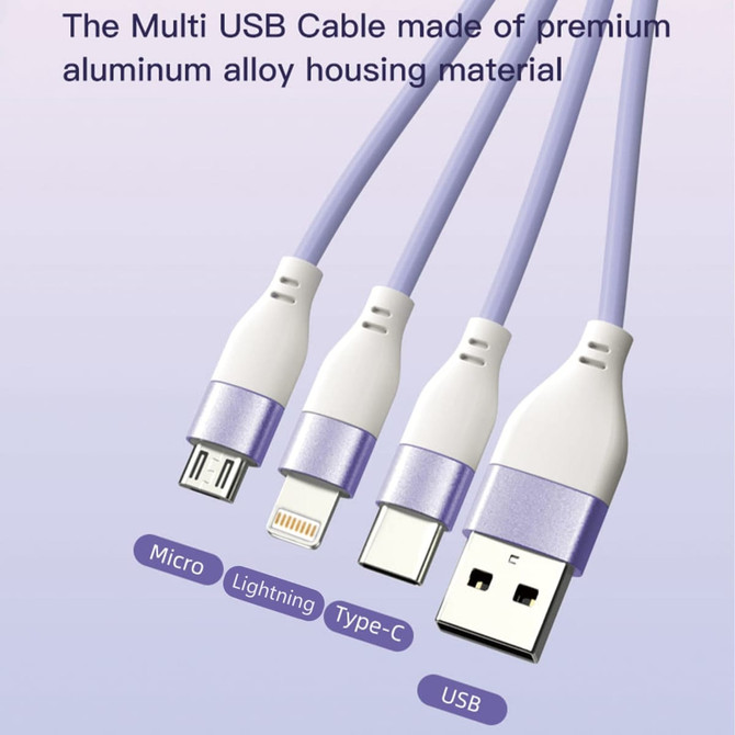 A purple 3-in-1 charging cable with Micro USB, Lightning, Type-C, and USB connectors, featuring an aluminium alloy housing.