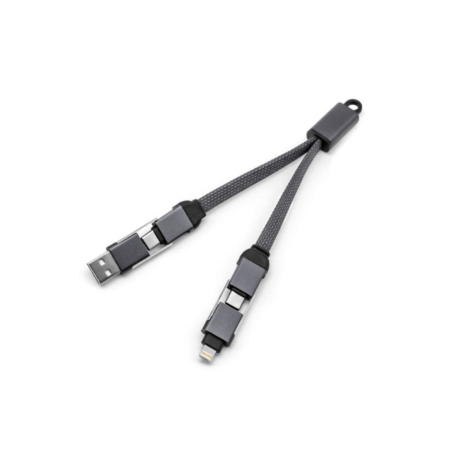 A 60W 4-in-1 braided charging cable in grey, featuring multiple connectors and a keyring attachment.