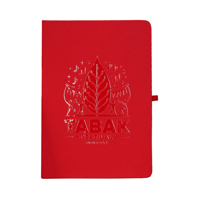 A red recycled journal with an embossed design and logo on the cover, featuring a ribbon bookmark.