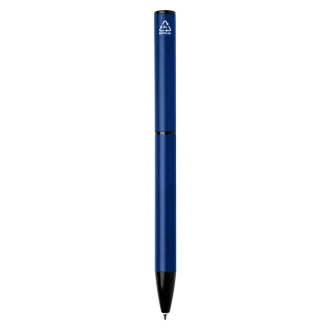 A blue recycled aluminium twist ballpoint pen with a logo at the top.
