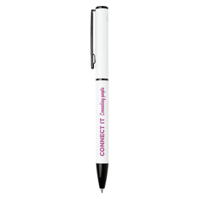 A white ballpoint pen with a twist mechanism, featuring a black clip and a branding logo.