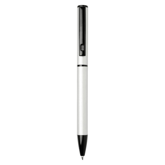 A black and white twist ballpoint pen made from recycled aluminium, featuring a logo on the barrel.