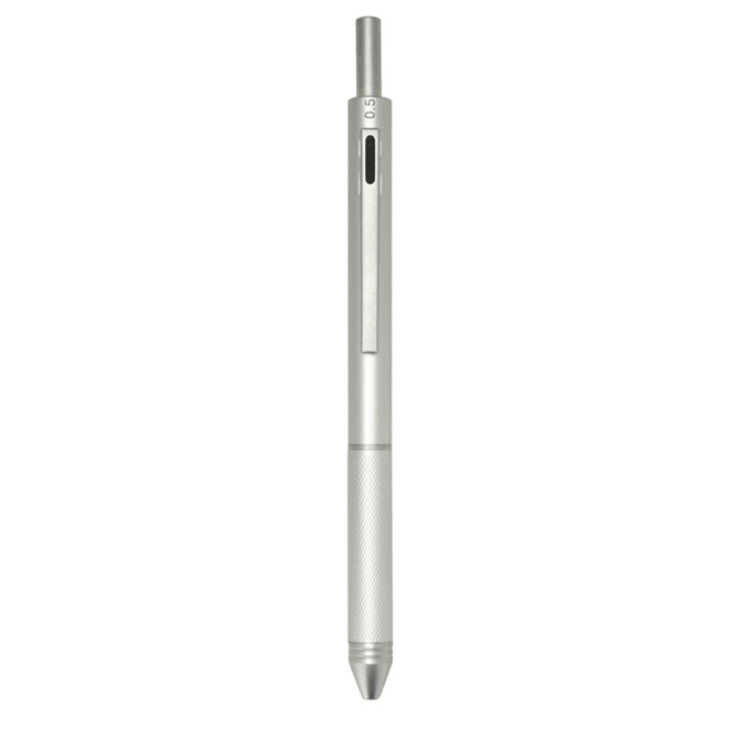 A silver recycled stainless steel pen featuring a sleek design and a logo. It includes a stylus tip and various functions.