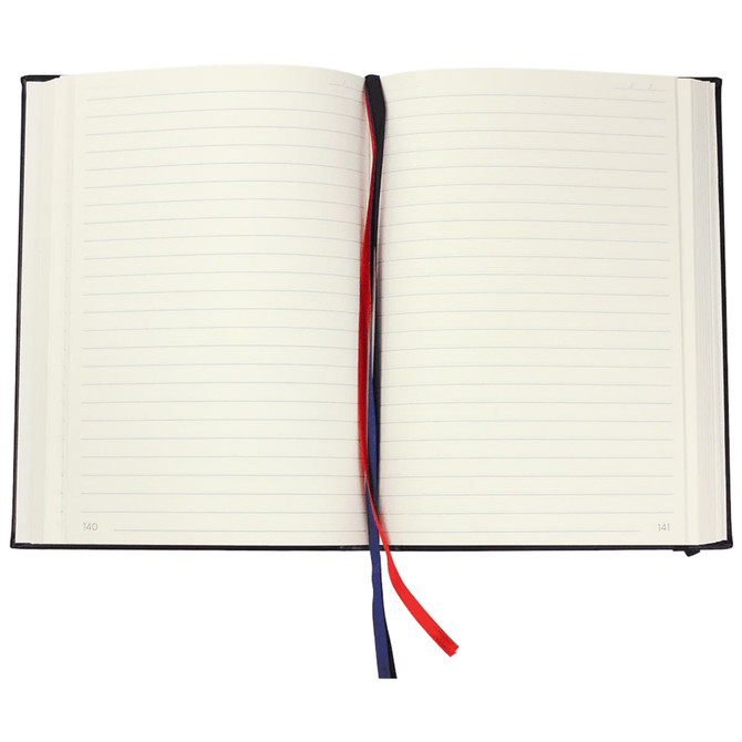 A black diary with lined pages and a red and blue ribbon bookmark. It has a logo on the cover.