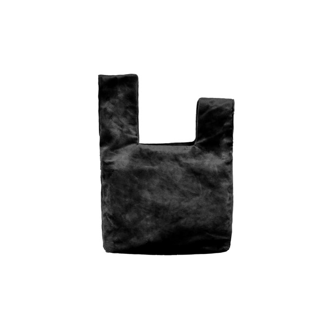 A black Velvet Knot Wrist Bag with a unique design and a small logo.