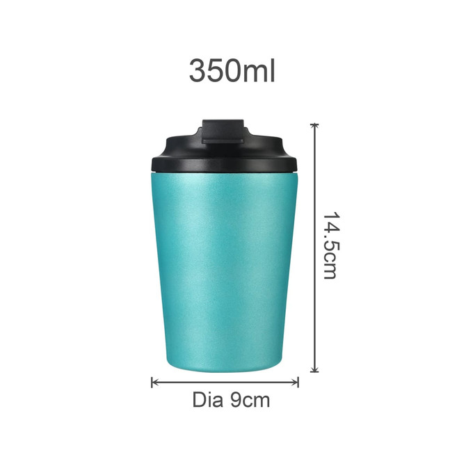 A 350ml spray-painted stainless steel coffee mug in a vibrant turquoise colour with a black lid, featuring a logo.
