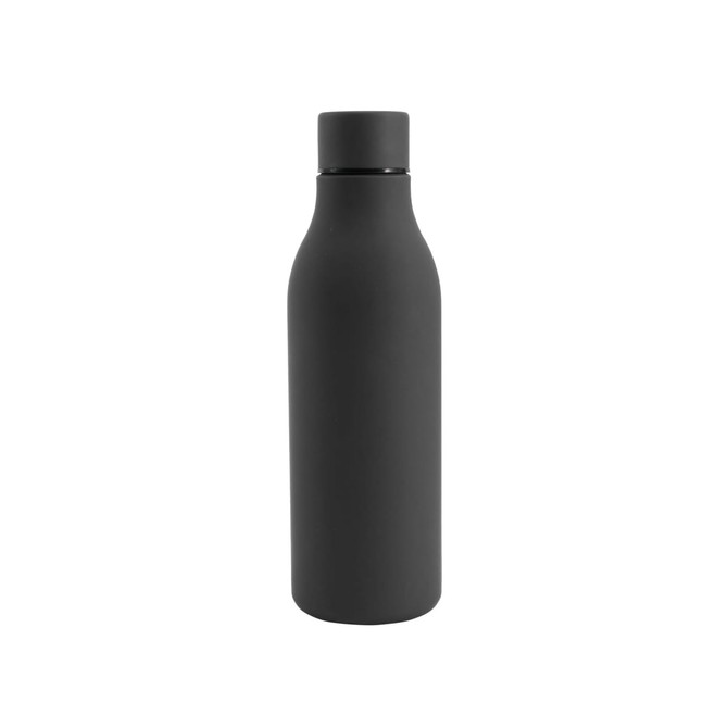 A drink bottle in matte black with a rubber coating, featuring a slim design and a screw-on lid.