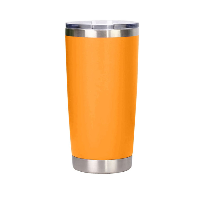 A drink bottle with a vibrant orange body and a stainless steel rim, featuring a logo on its surface.