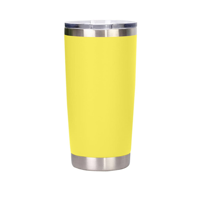 A drink bottle in bright yellow with a stainless steel base and a clear lid. It features a logo on the surface.