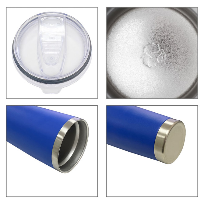 A drink bottle featuring a blue exterior, stainless steel rim, and a clear lid. It has a recyclable symbol inside.