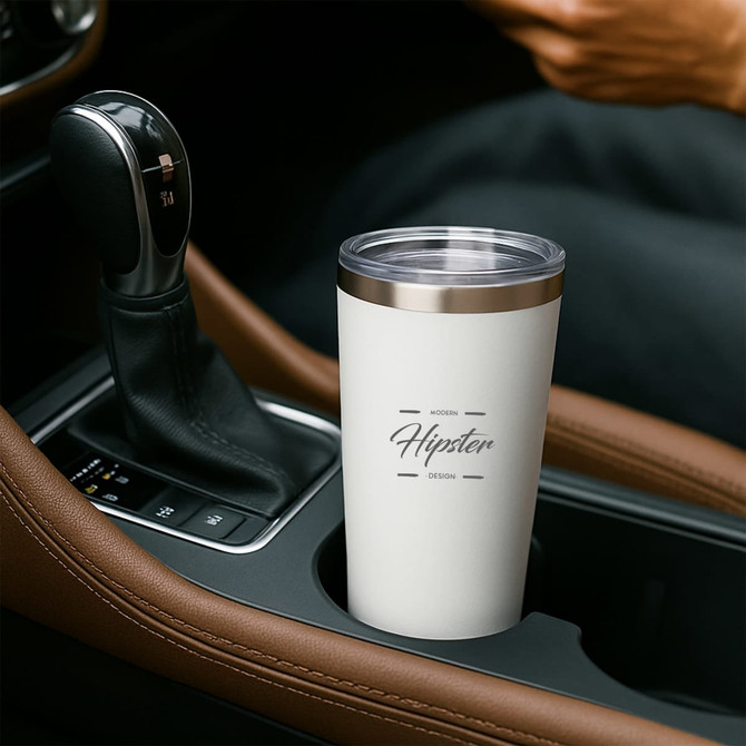 A drink bottle in a car cup holder, featuring a white recycled stainless steel design with a clear lid and a logo.
