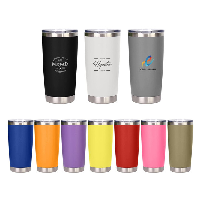 A drink bottle collection featuring various 500ML recycled stainless steel double wall cups in black, white, and multiple vibrant colours.