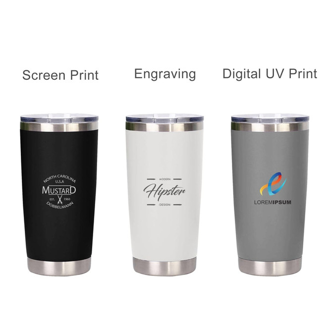 A drink bottle featuring three styles of 500ML recycled stainless steel cups in black, white, and grey, with branding options.